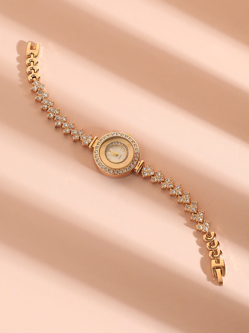 Embellished Round Watch - Gold