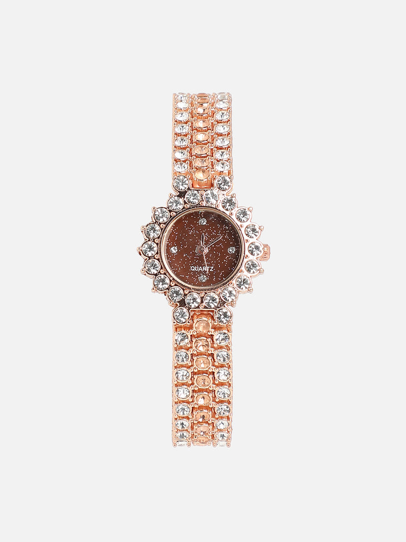 Embellished Round Watch - Rose Gold