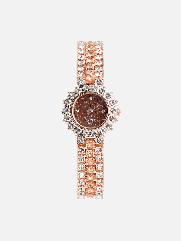 Embellished Round Watch - Rose Gold