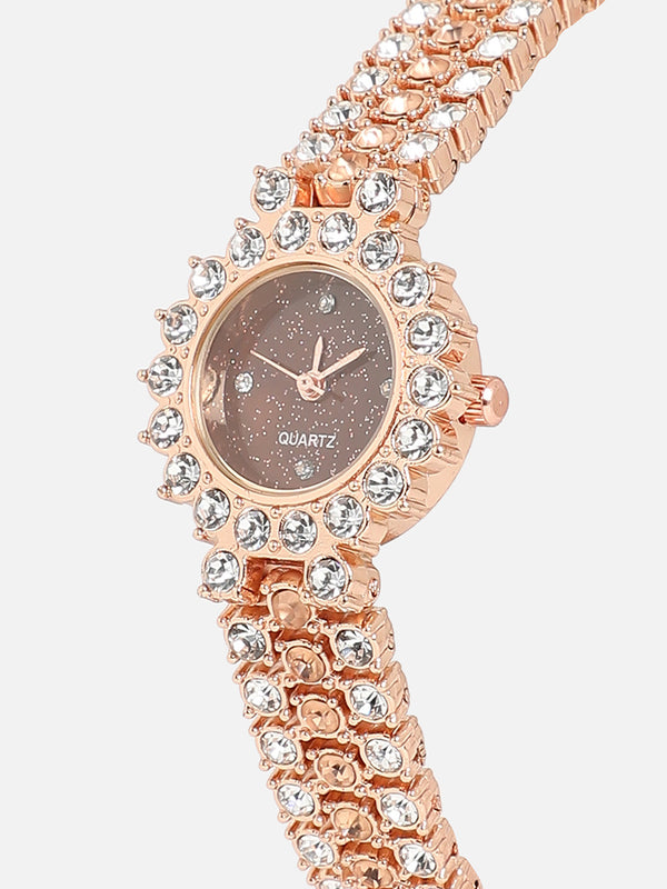 Embellished Round Watch - Rose Gold