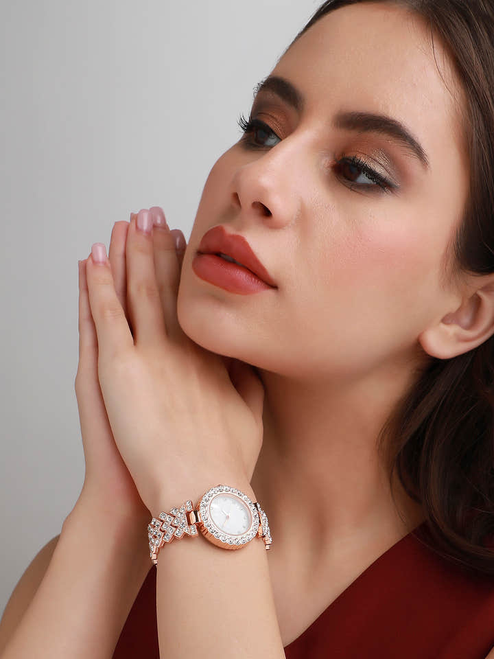 Embellished Round Watch - Rose Gold