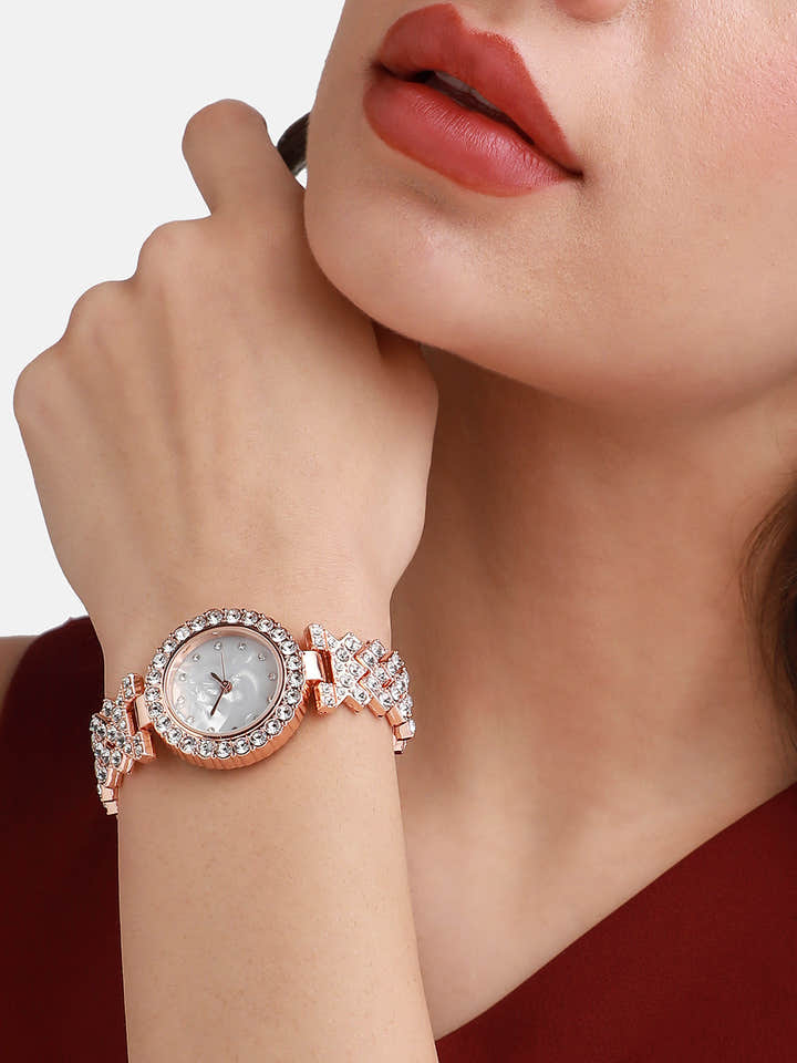 Embellished Round Watch - Rose Gold