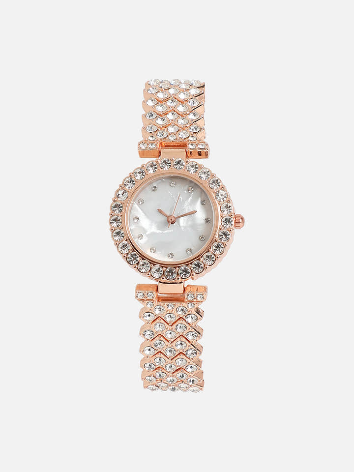 Embellished Round Watch - Rose Gold