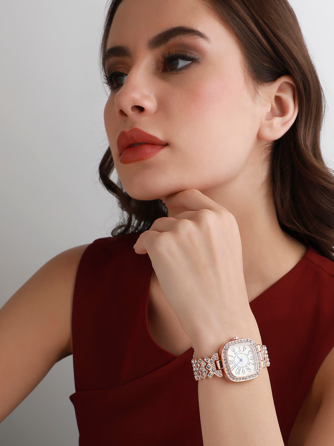 Embellished Square Watch - Rose Gold