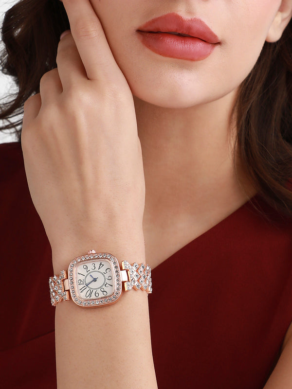 Embellished Square Watch - Rose Gold