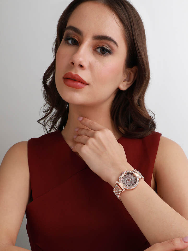 Embellished Round Watch - Rose Gold
