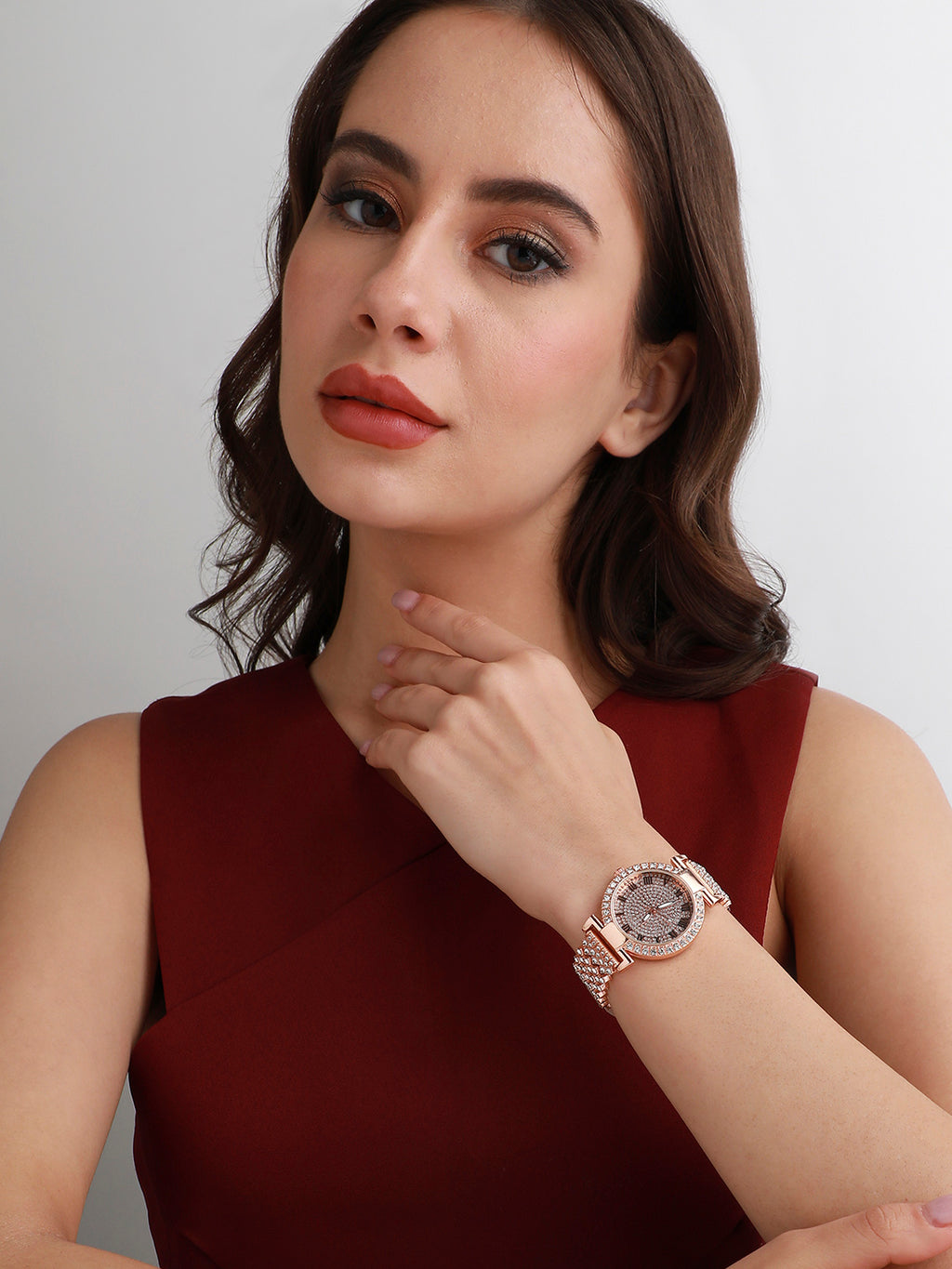 Embellished Round Watch - Rose Gold