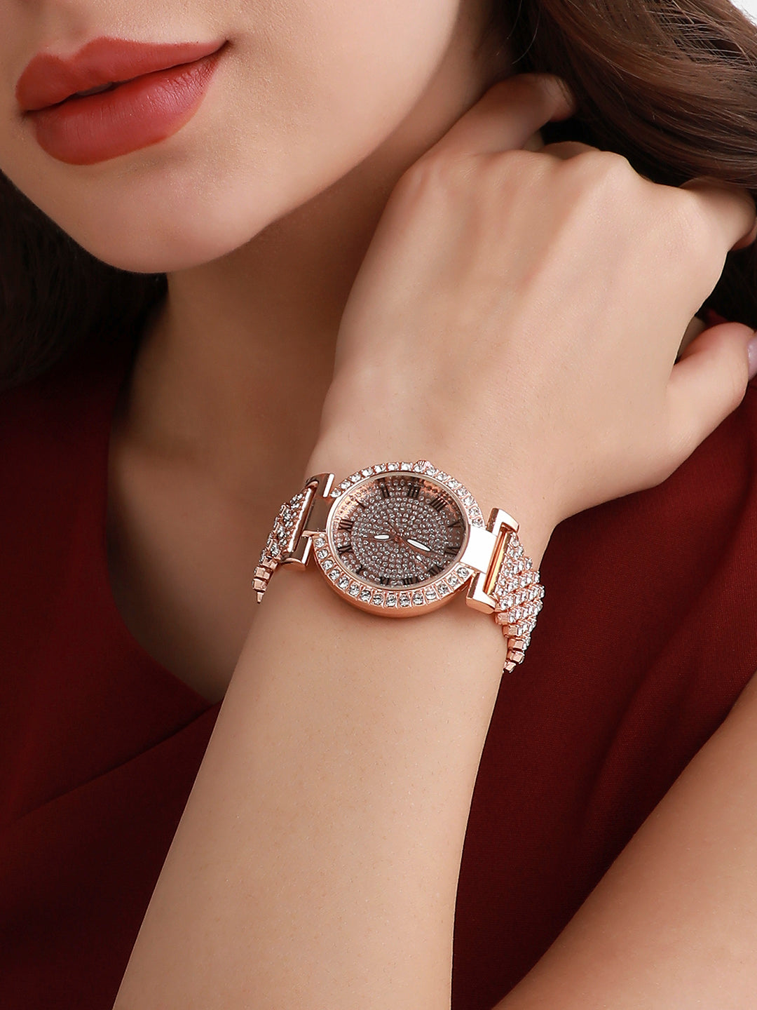Embellished Round Watch - Rose Gold