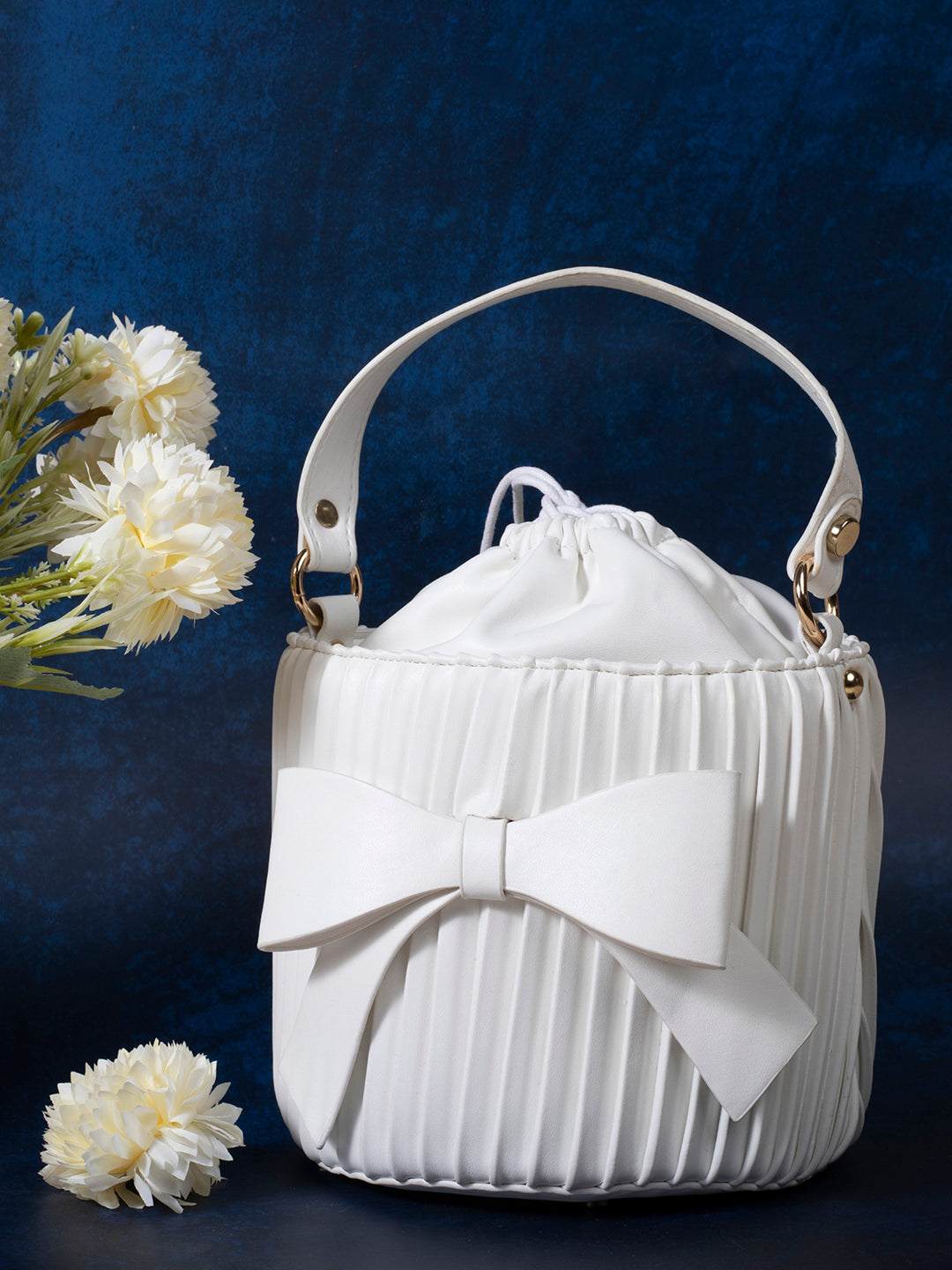 Gathered White Bucket Bag