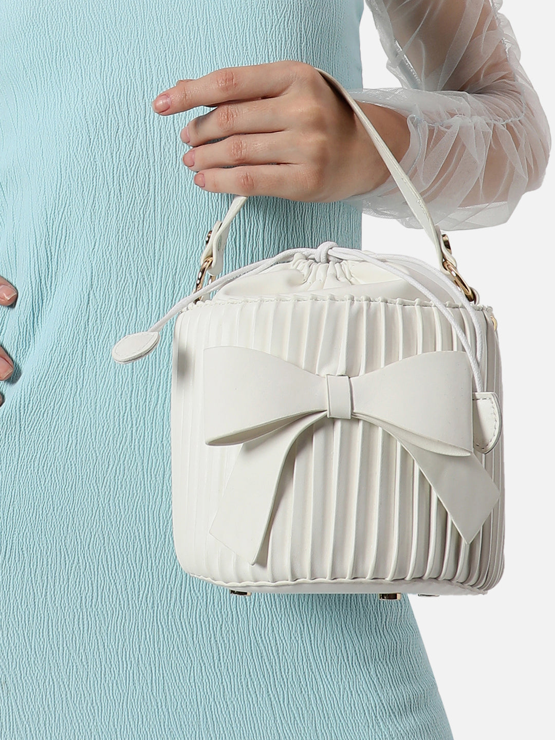 Gathered White Bucket Bag