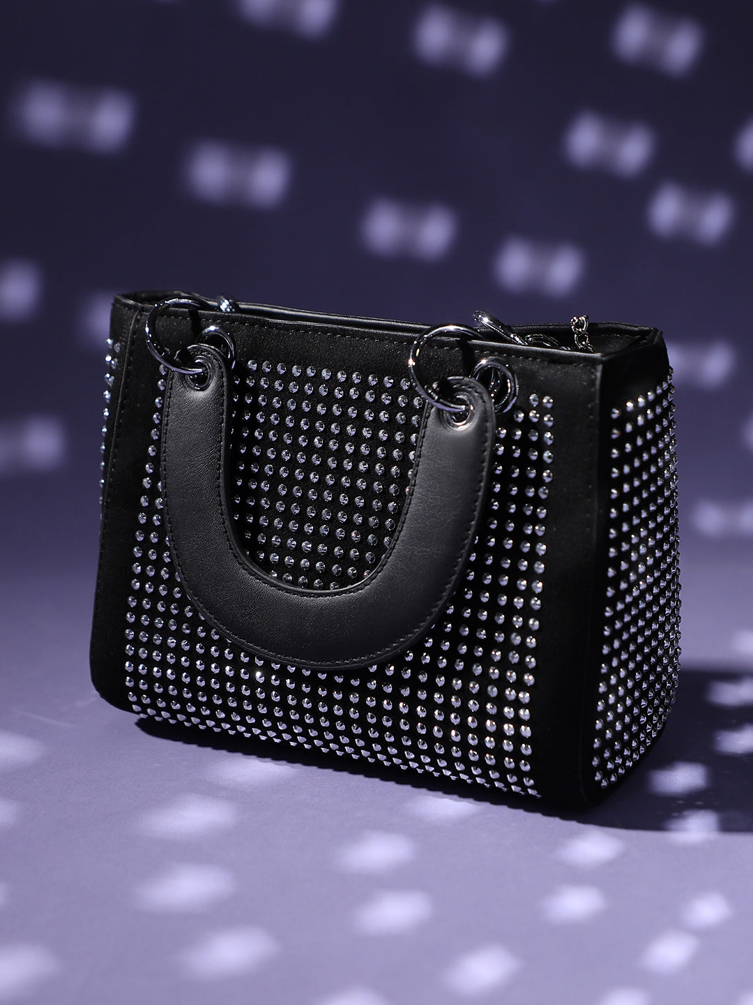 Rhinestone Top Handle Handbag - Black