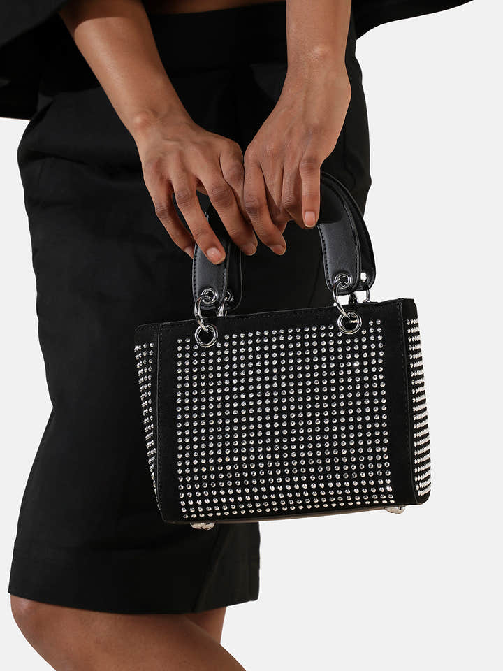 Rhinestone Top Handle Handbag - Black