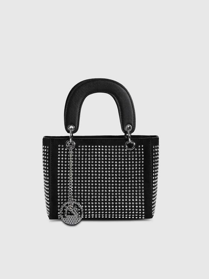 Rhinestone Top Handle Handbag - Black