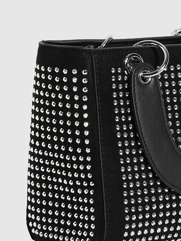 Rhinestone Top Handle Handbag - Black