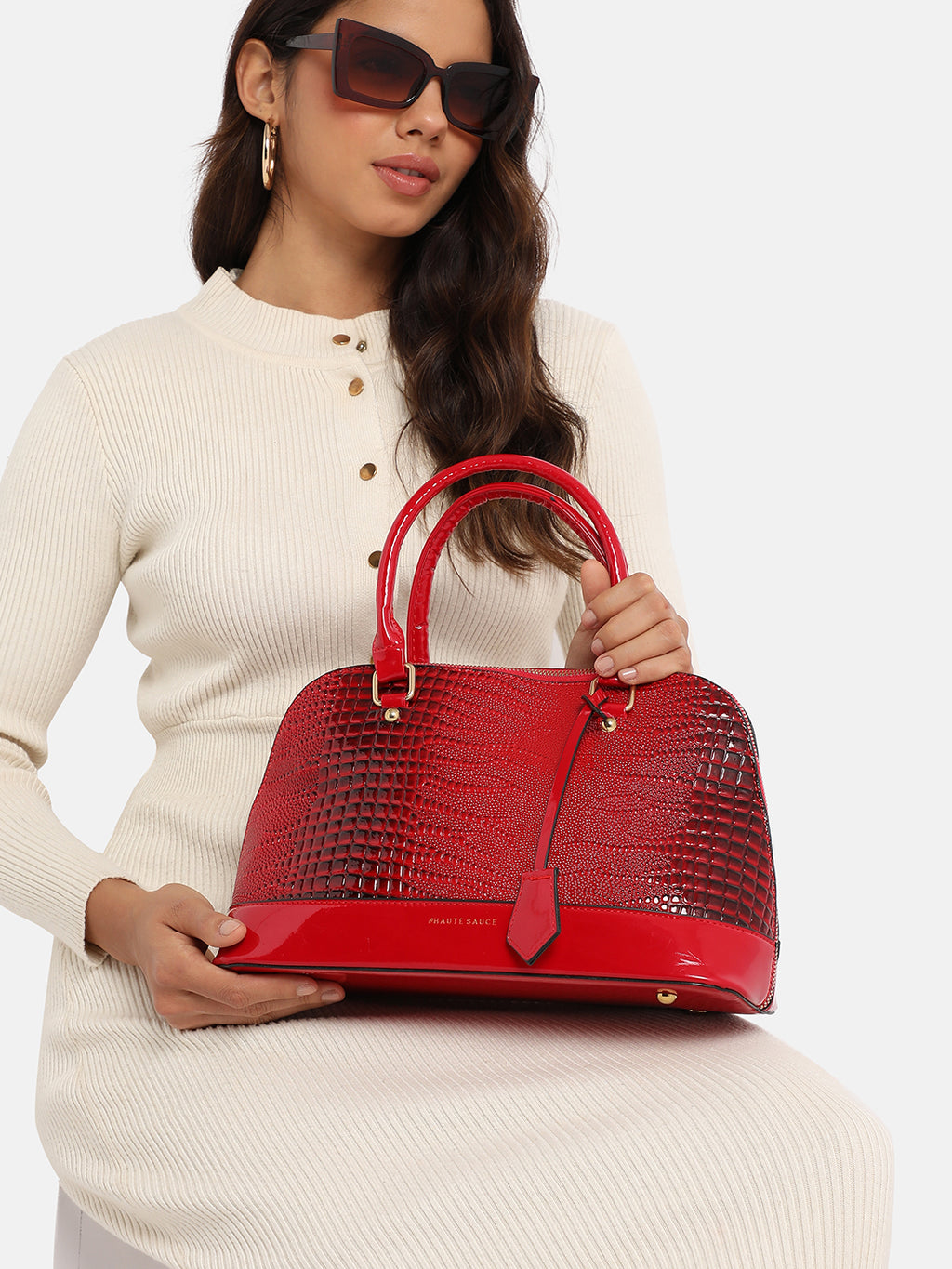 Scale Top Handle Handbag - Red