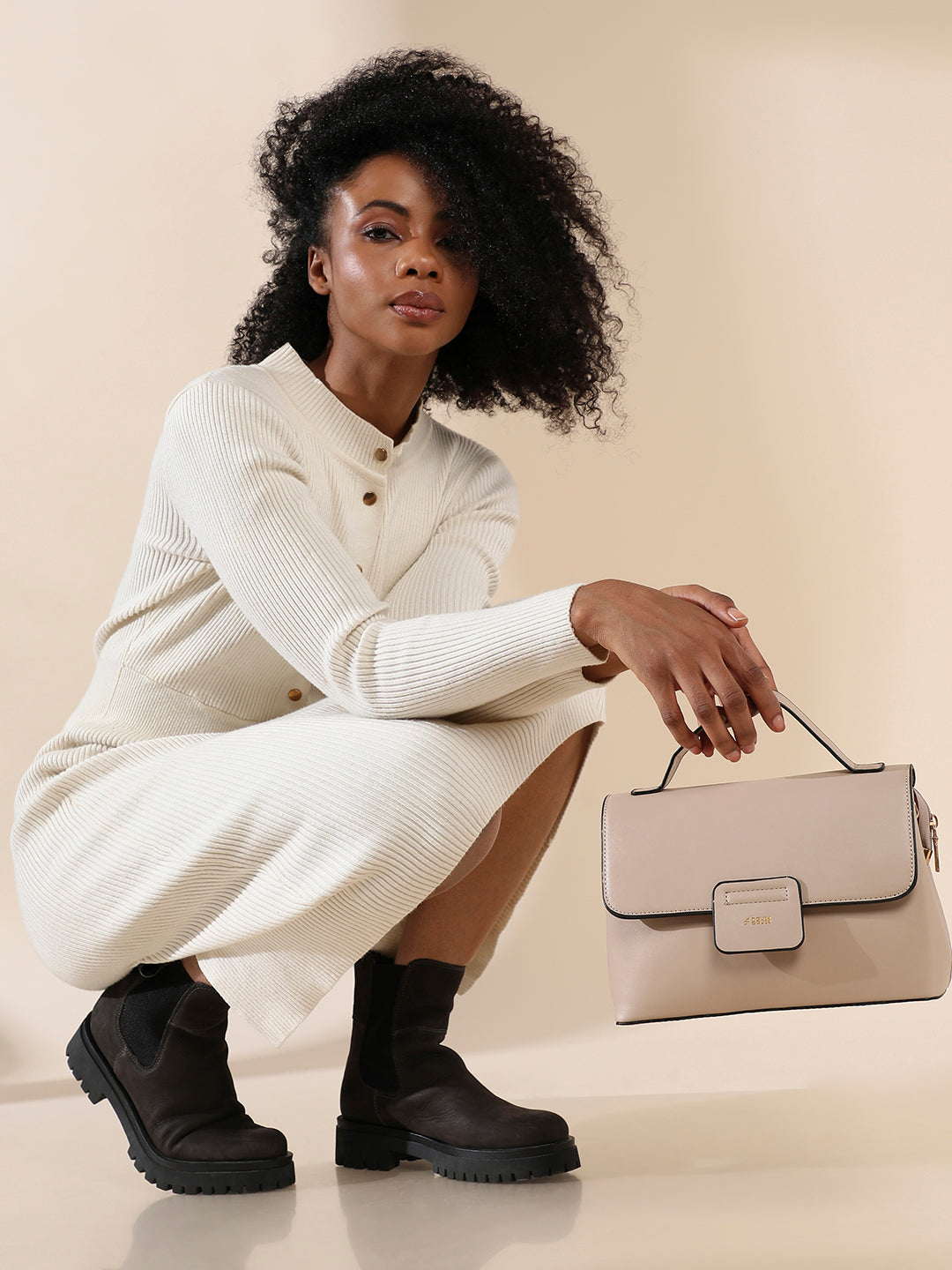 Structured Flap Handbag - Beige