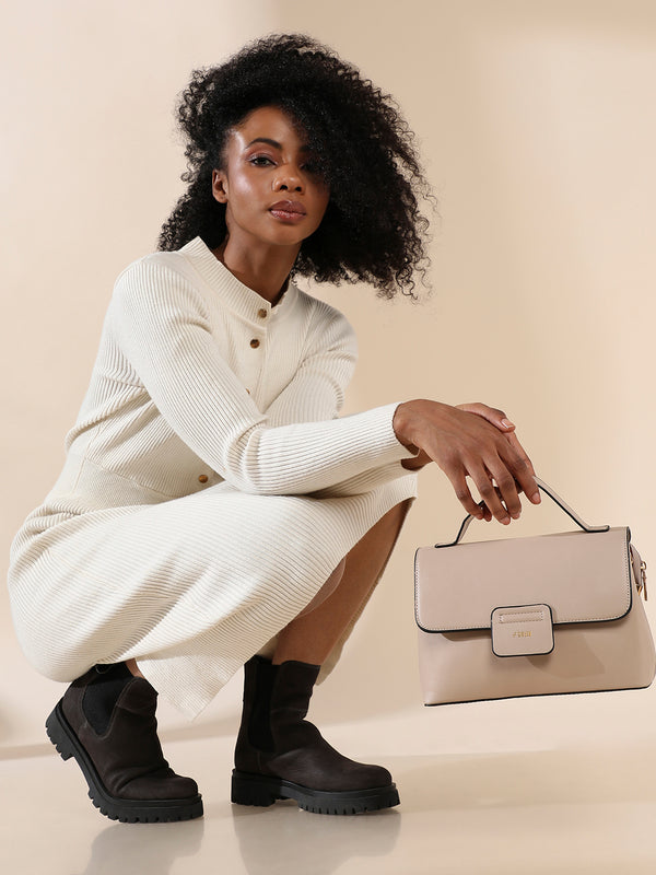 Structured Flap Handbag - Beige