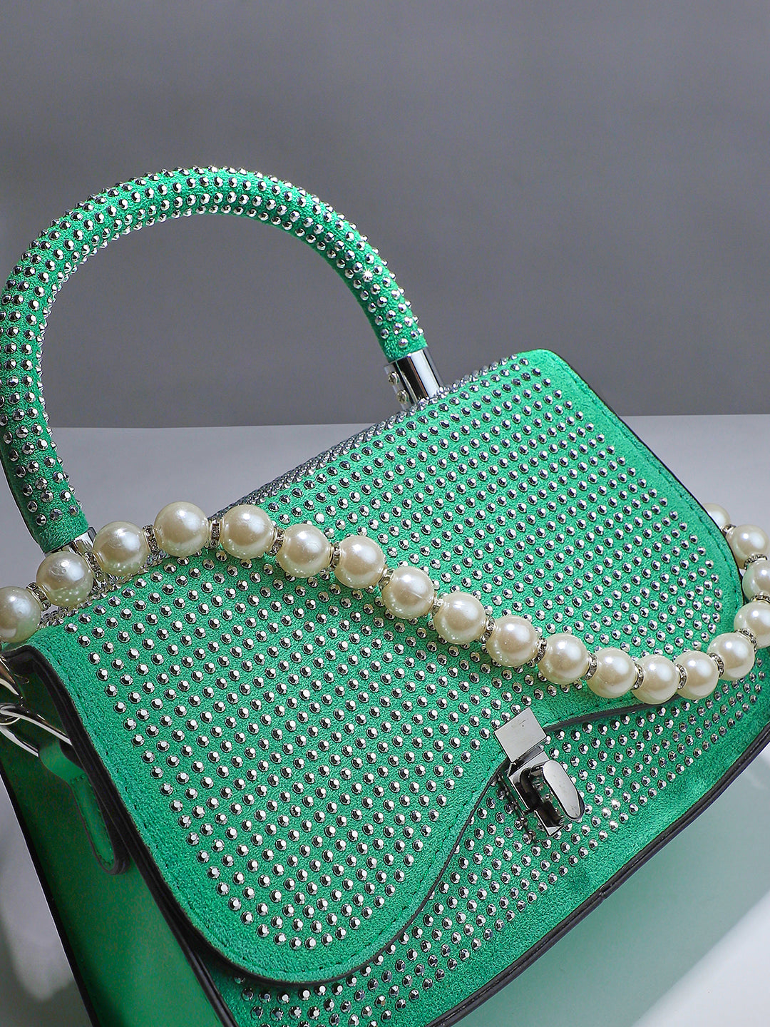 Studded Top Handle Handbag - Parrot Green