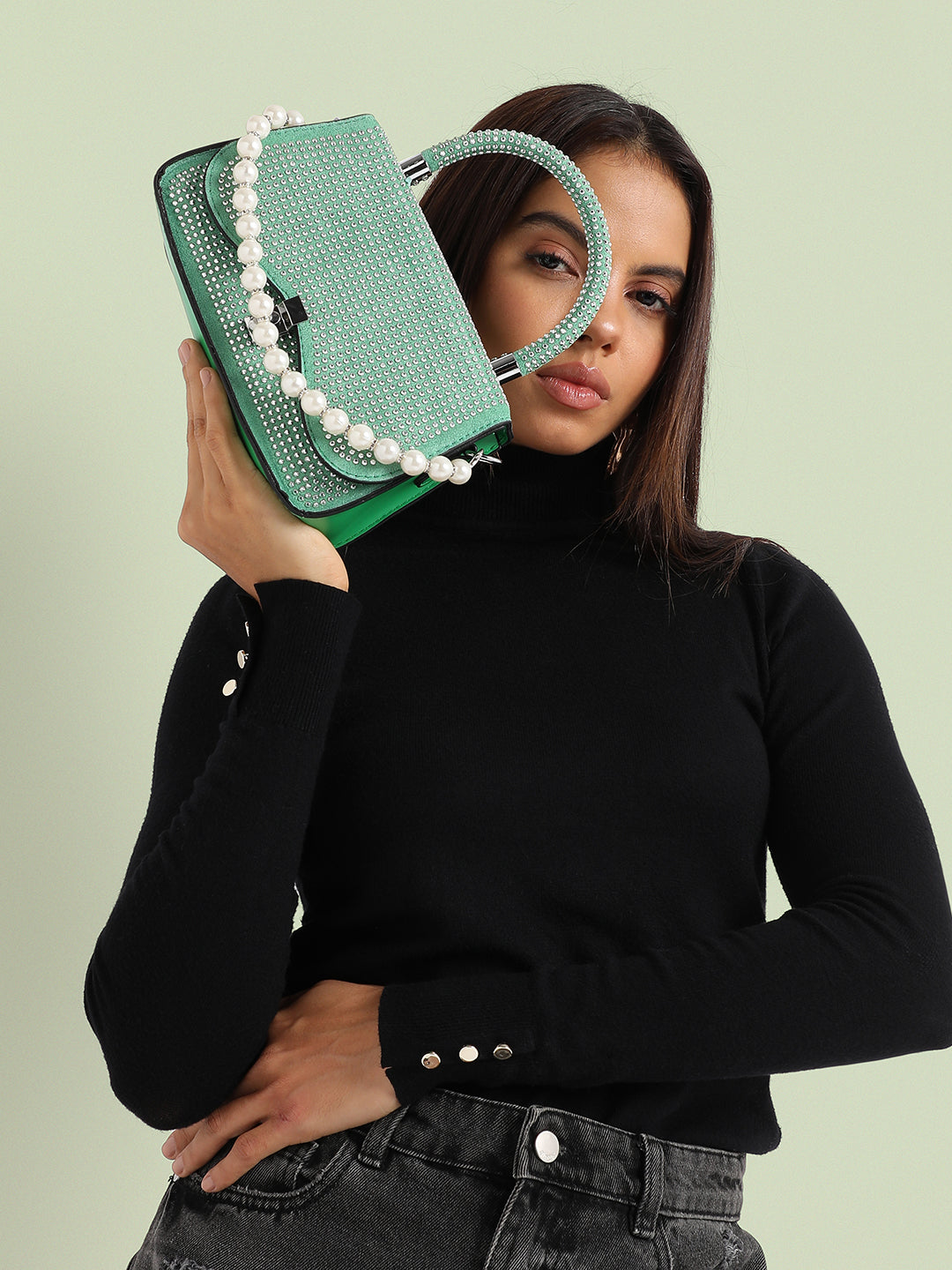 Studded Top Handle Handbag - Parrot Green