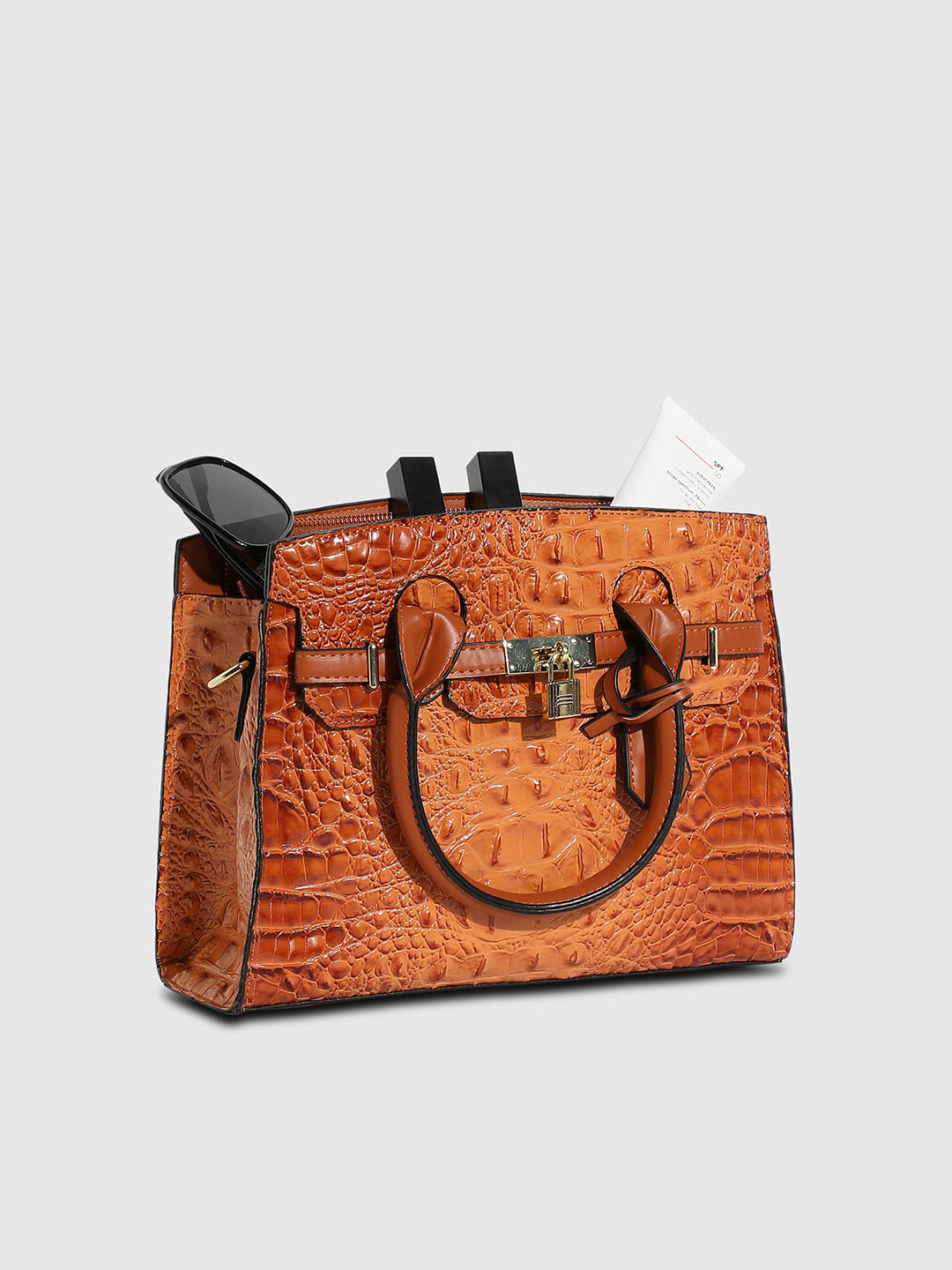 Lock Buckle Handbag - Brown