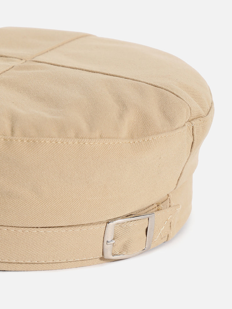 Beige Solid Beret Hat With Buckle Detail