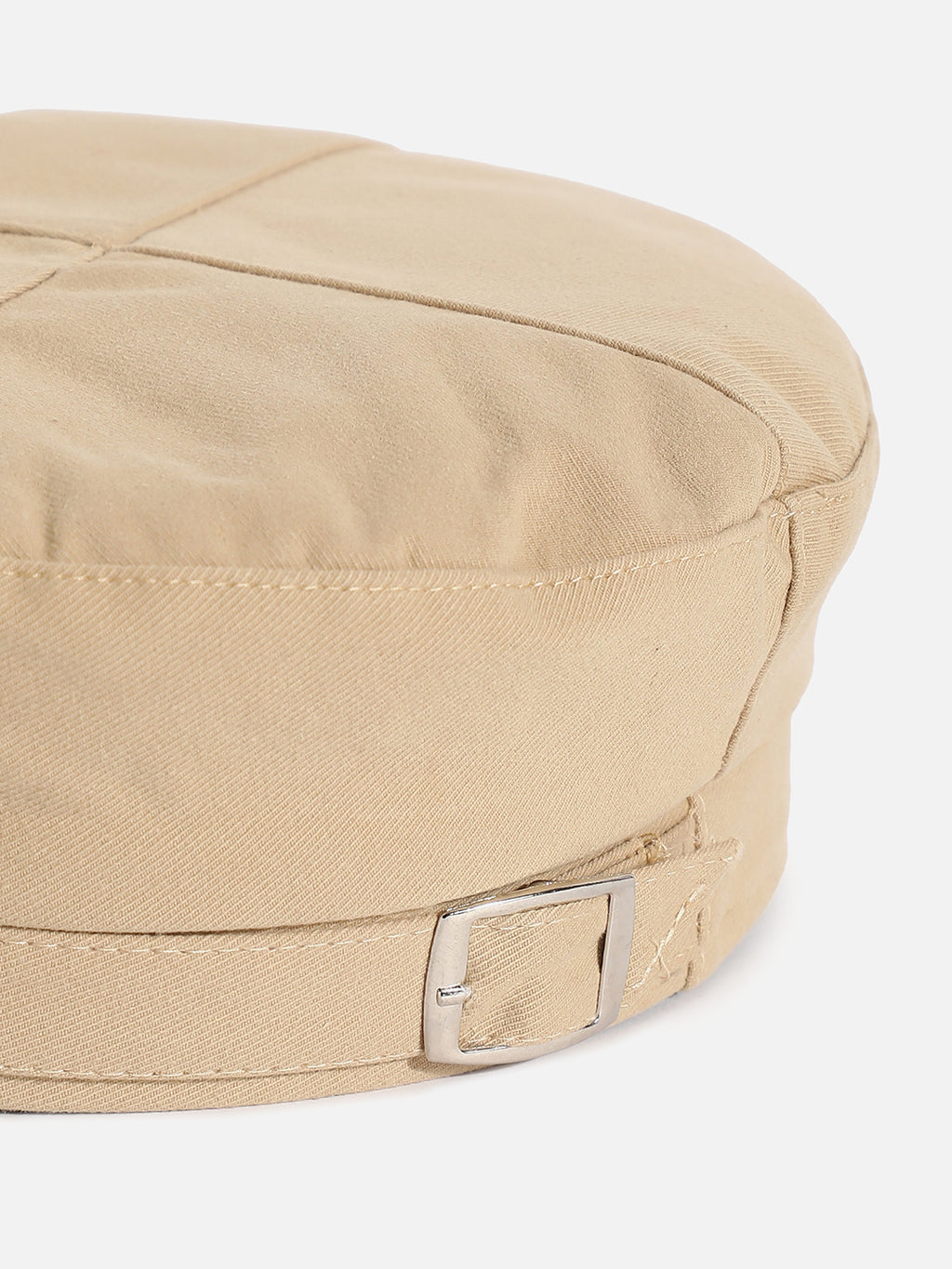 Beige Solid Beret Hat With Buckle Detail