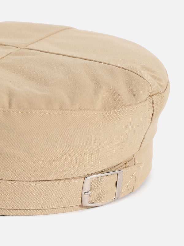Beige Solid Beret Hat With Buckle Detail