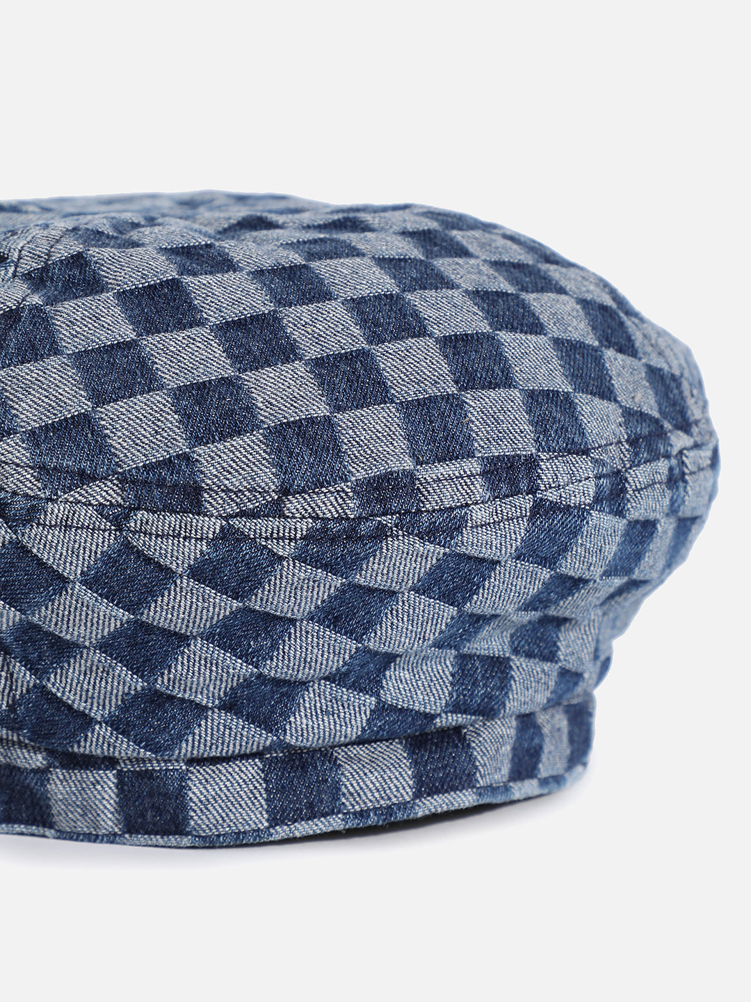 Blue Denim Check Textured Beret Hat