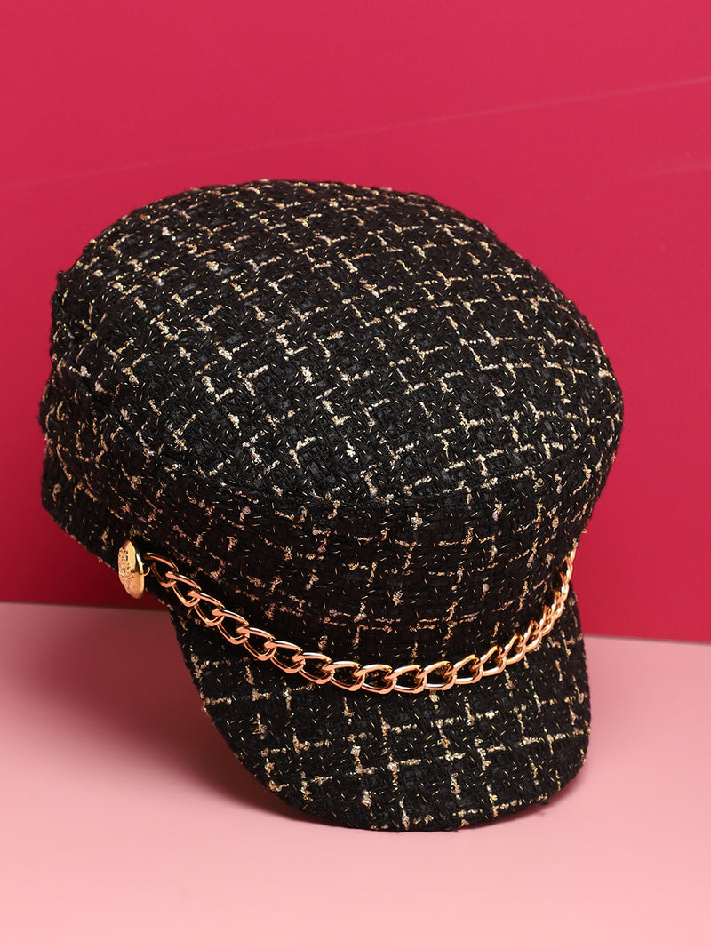 Black Textured Breton Cap With Chain Detail