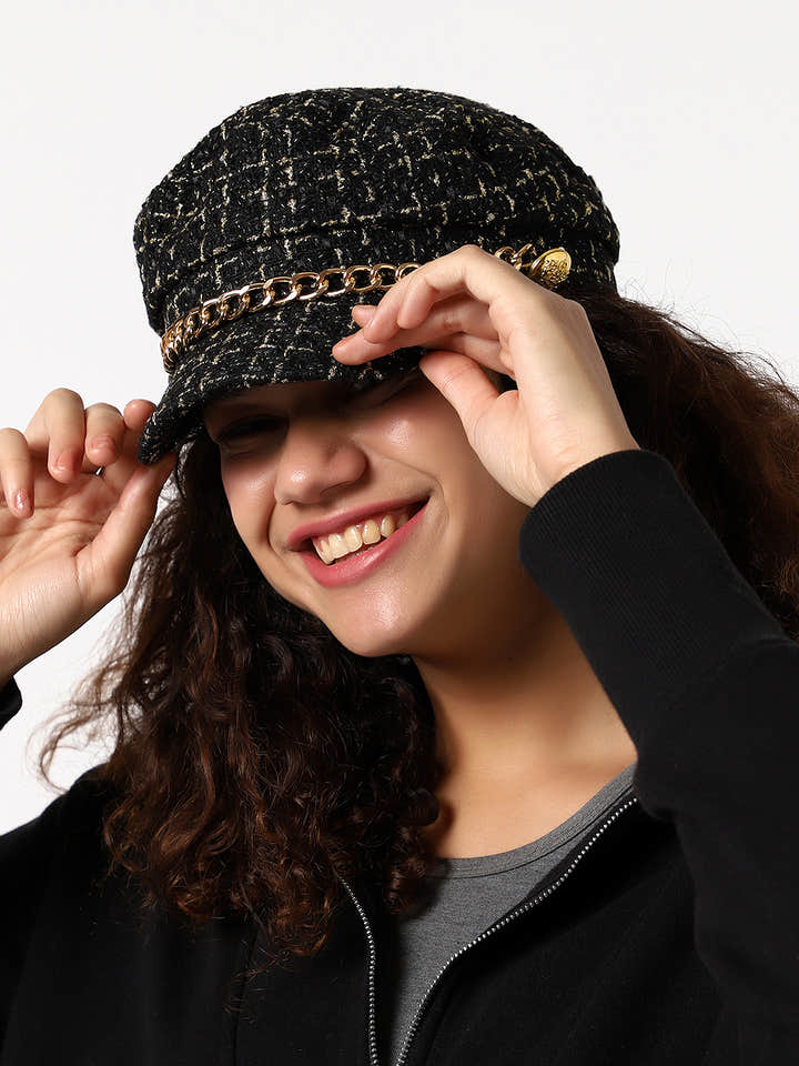 Black Textured Breton Cap With Chain Detail
