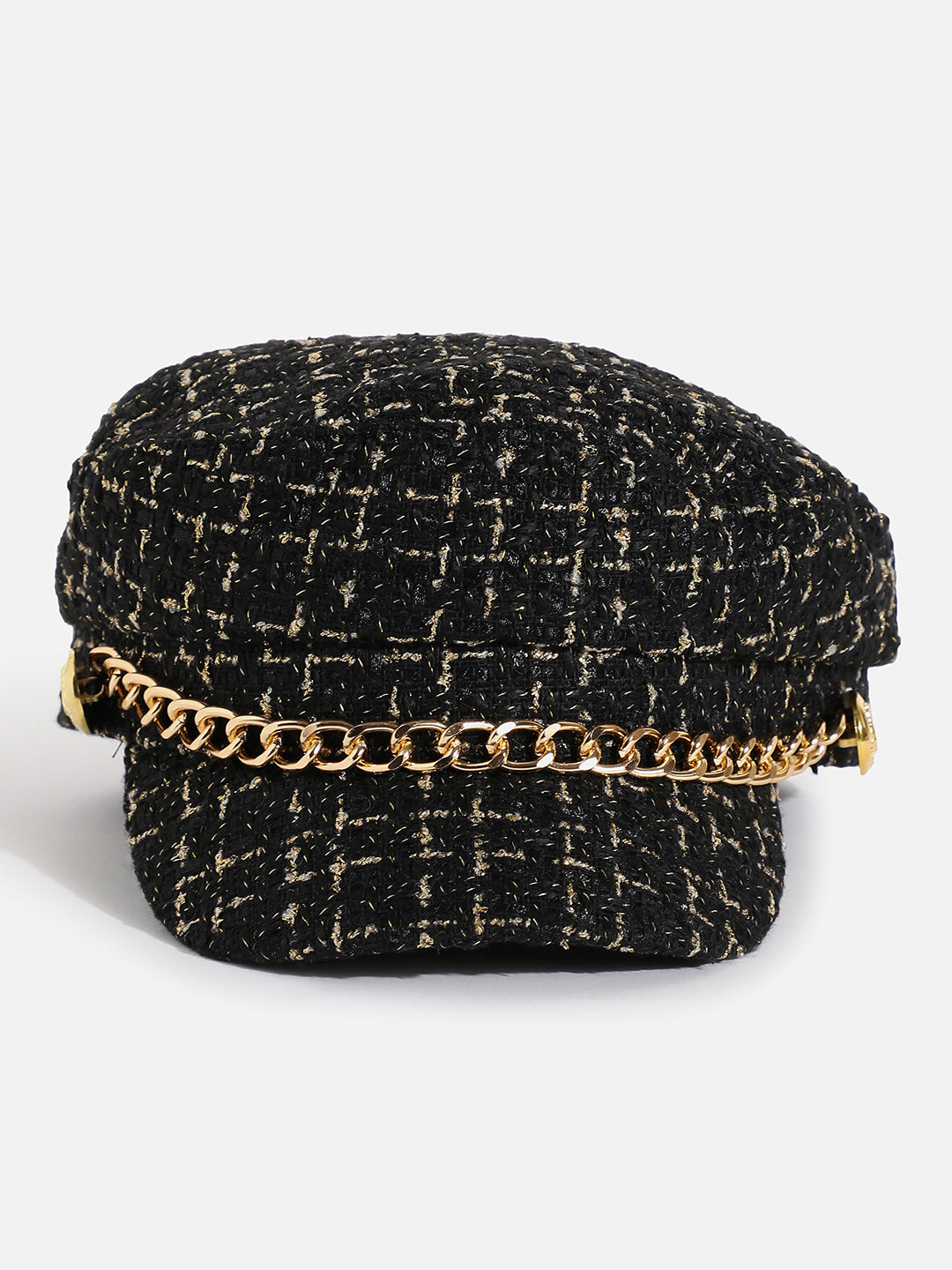 Black Textured Breton Cap With Chain Detail