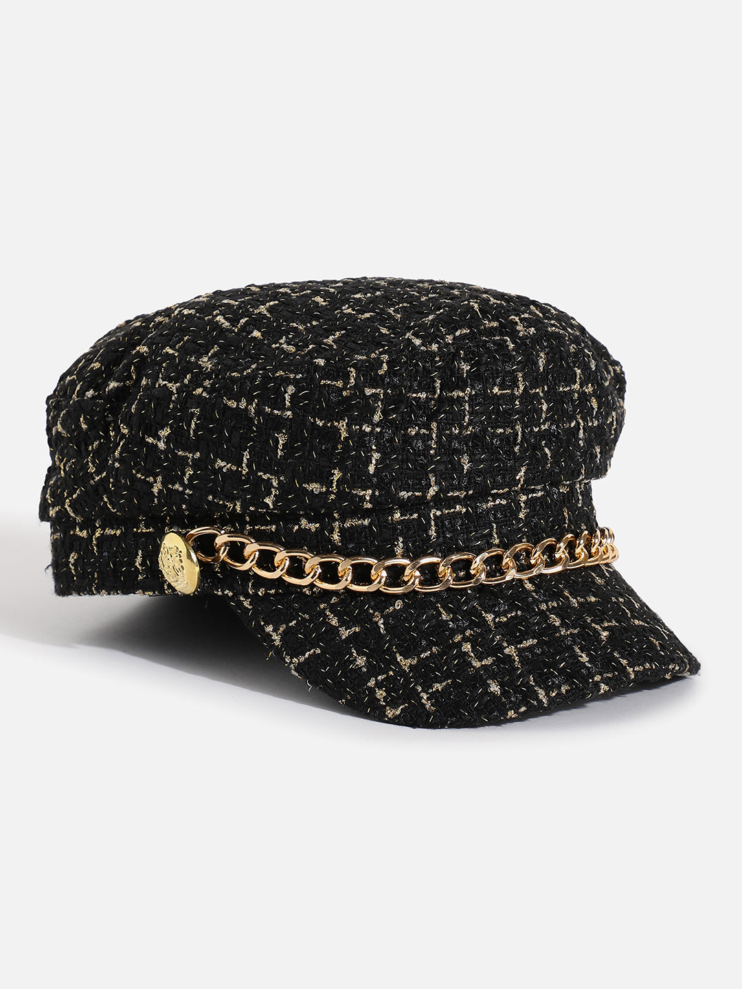 Black Textured Breton Cap With Chain Detail