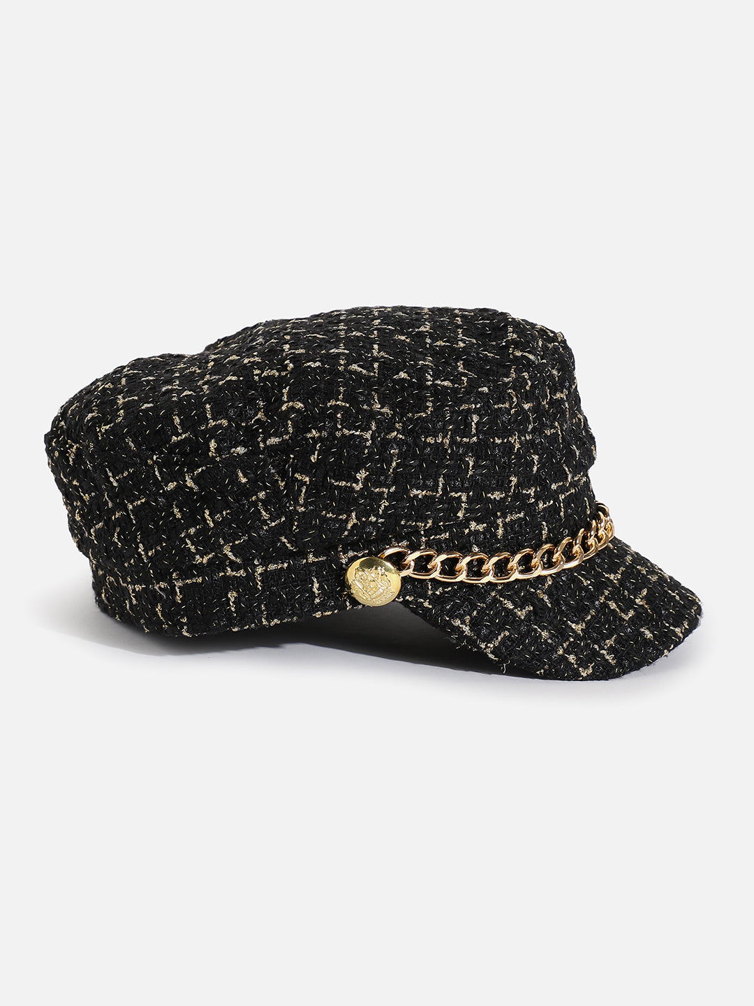 BLACK TEXTURED BRETON CAP WITH CHAIN DETAIL