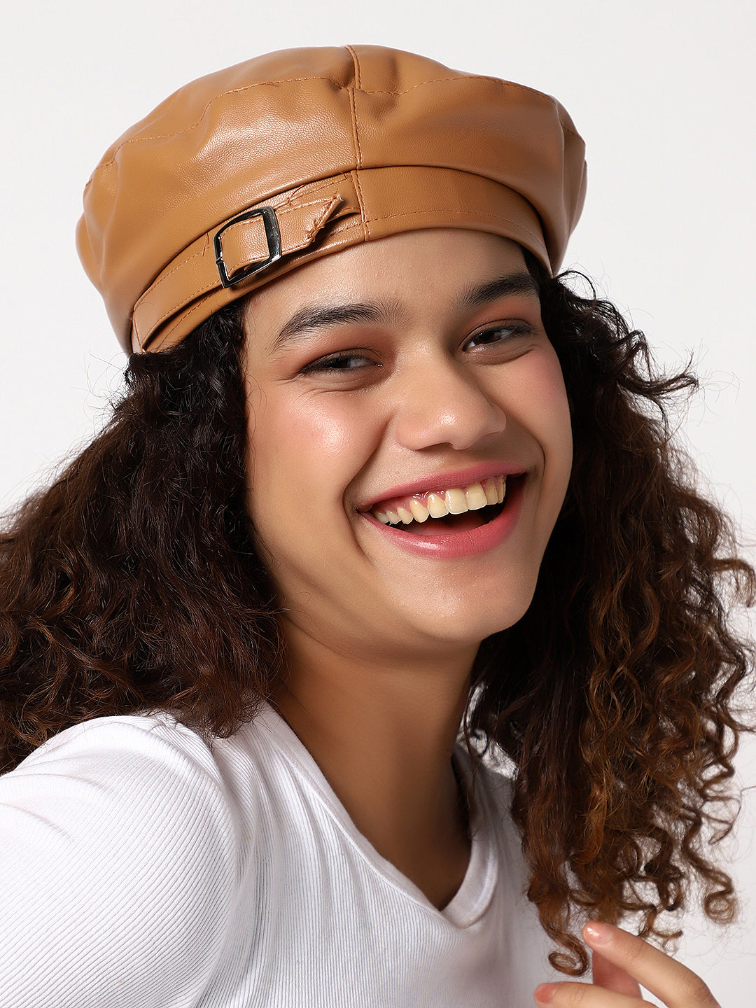 Brown Solid Vegan Leather Beret Hat With Buckle Detail