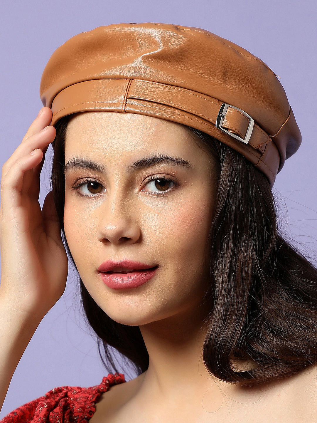 Brown Solid Vegan Leather Beret Hat With Buckle Detail