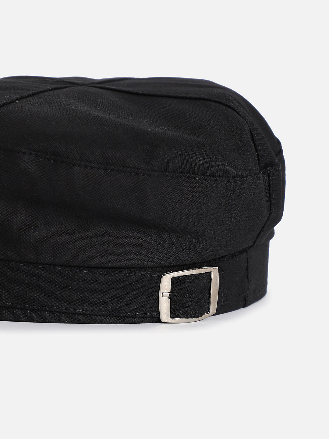 Black Solid Beret Hat With Buckle Detail