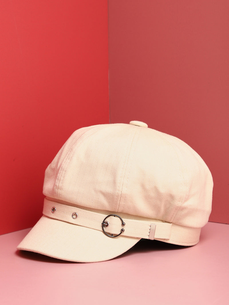 White Solid Bakerboy Cap With Buckle Detail