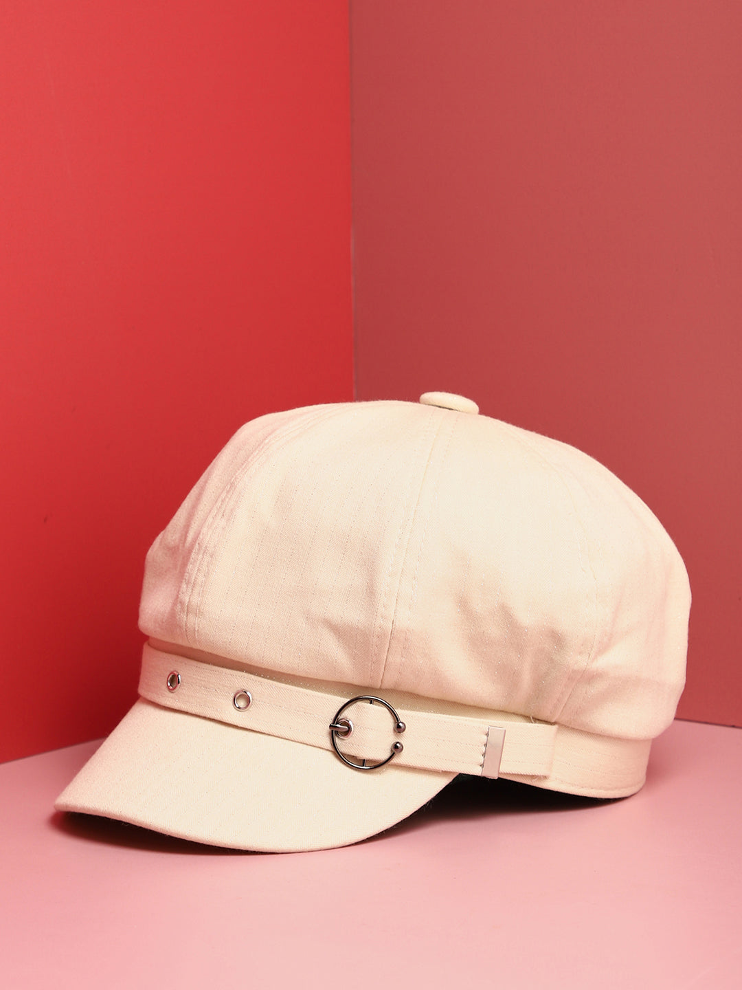 White Solid Bakerboy Cap With Buckle Detail