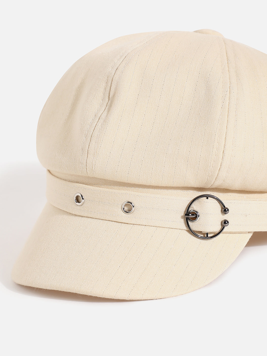 White Solid Bakerboy Cap With Buckle Detail