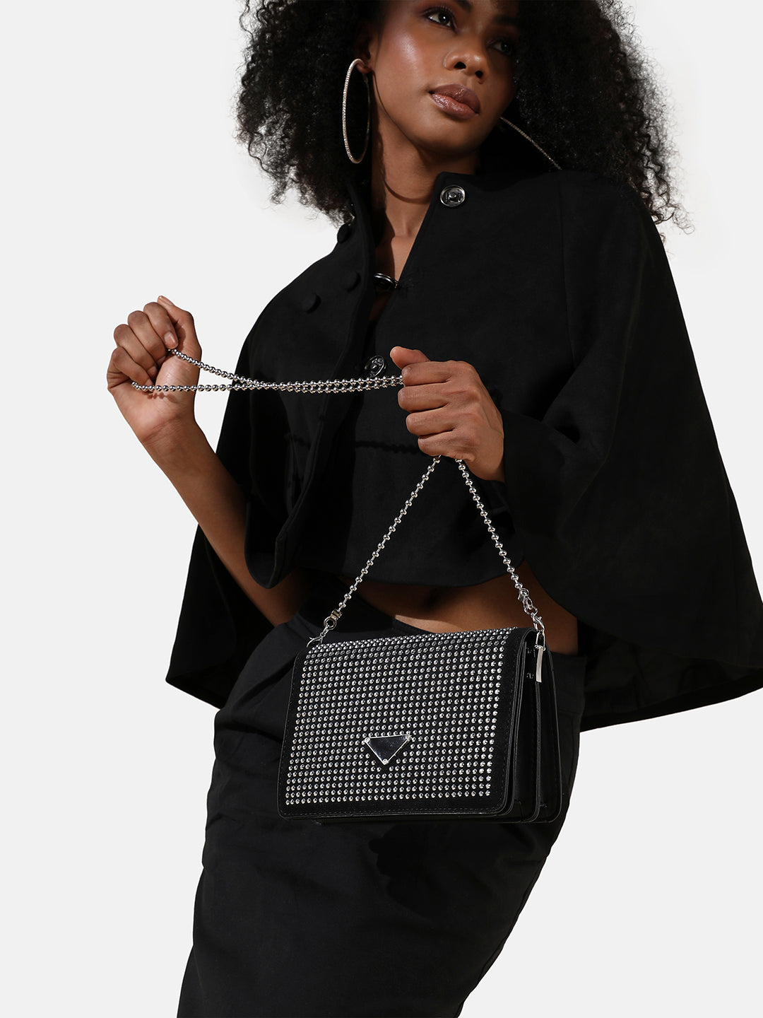 Studded Triangle Sling Bag - Black
