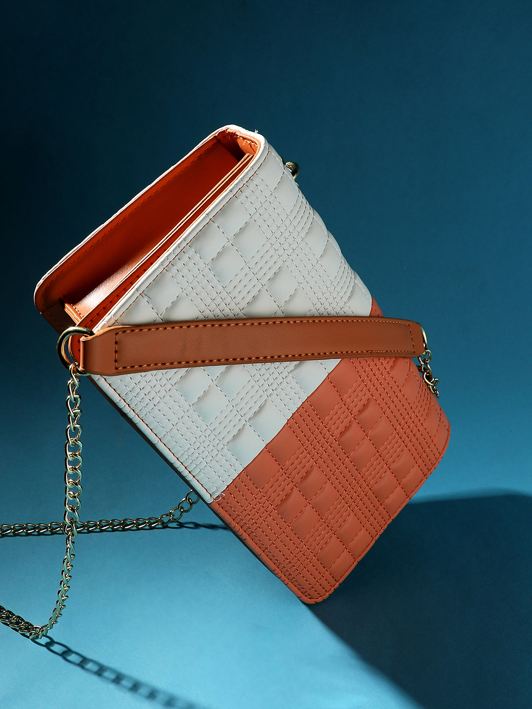 Contrast Quilted Sling Bag - White & Orange