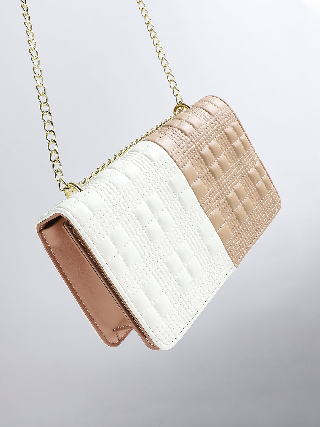 Contrast Quilted Sling Bag - White & Beige