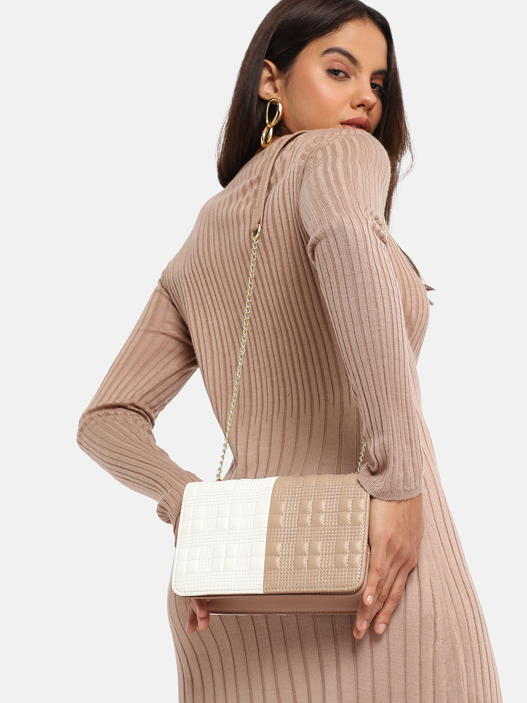 Contrast Quilted Sling Bag - White & Beige