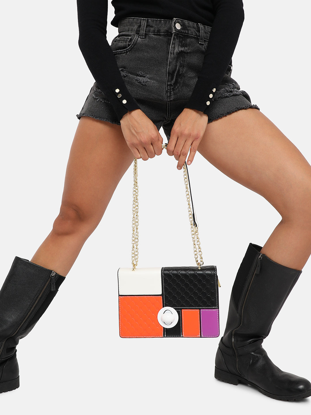 Contrast Block Sling Bag - Orange & Black