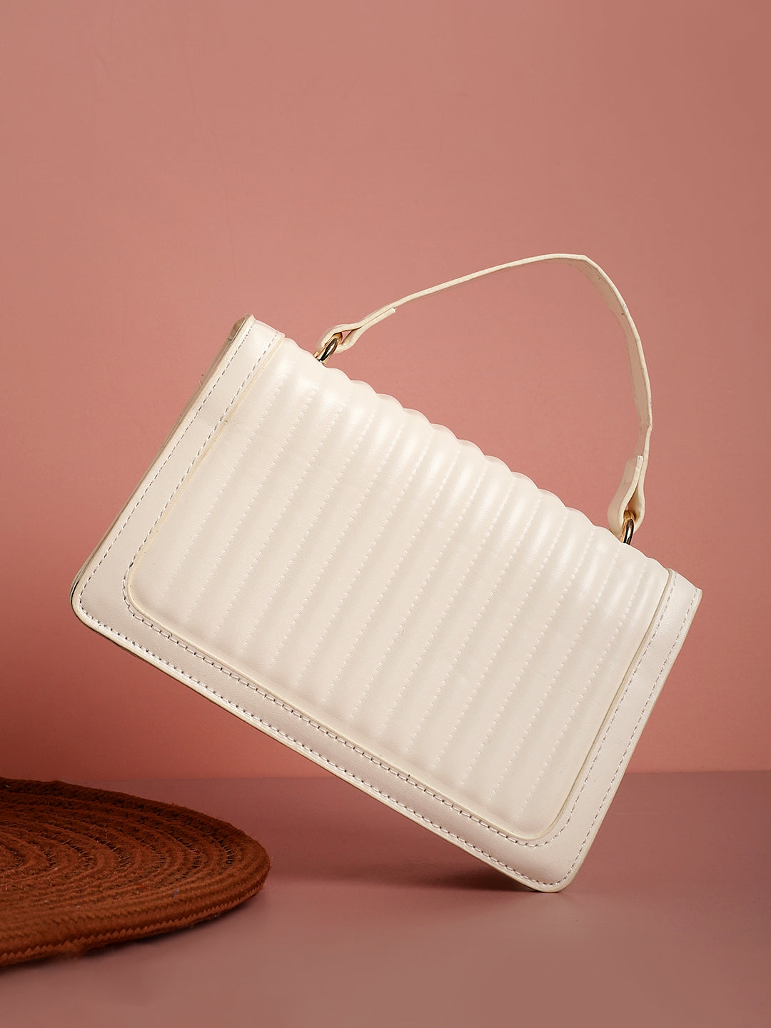 White Solid Vegan Leather Handbag