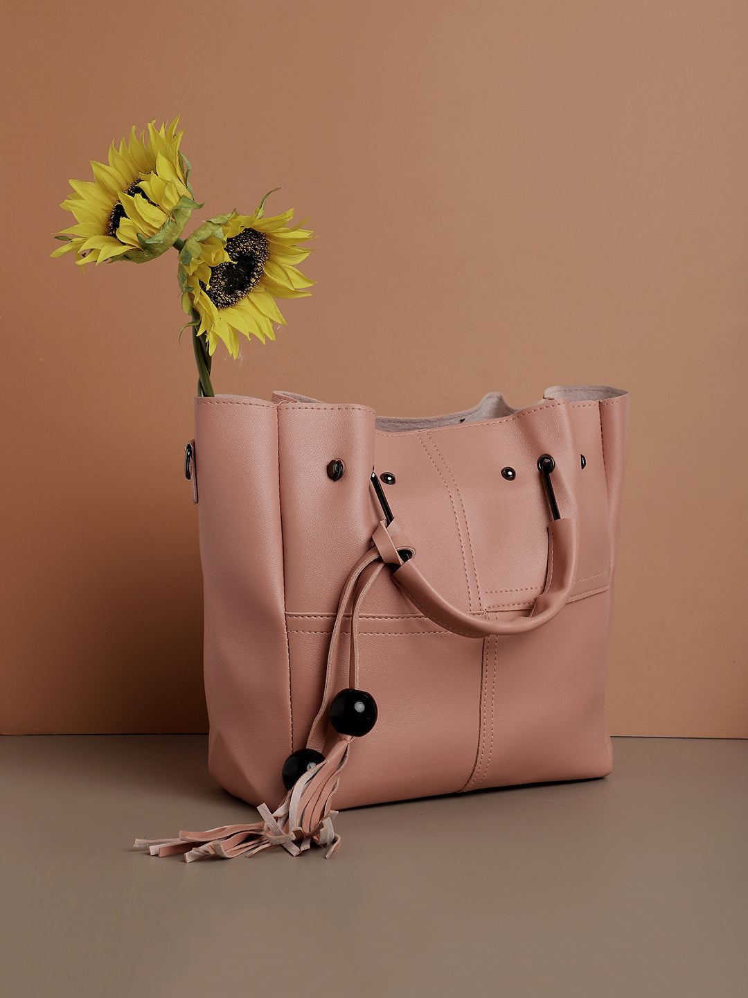 Pink Solid Vegan Leather Tote Bag Set