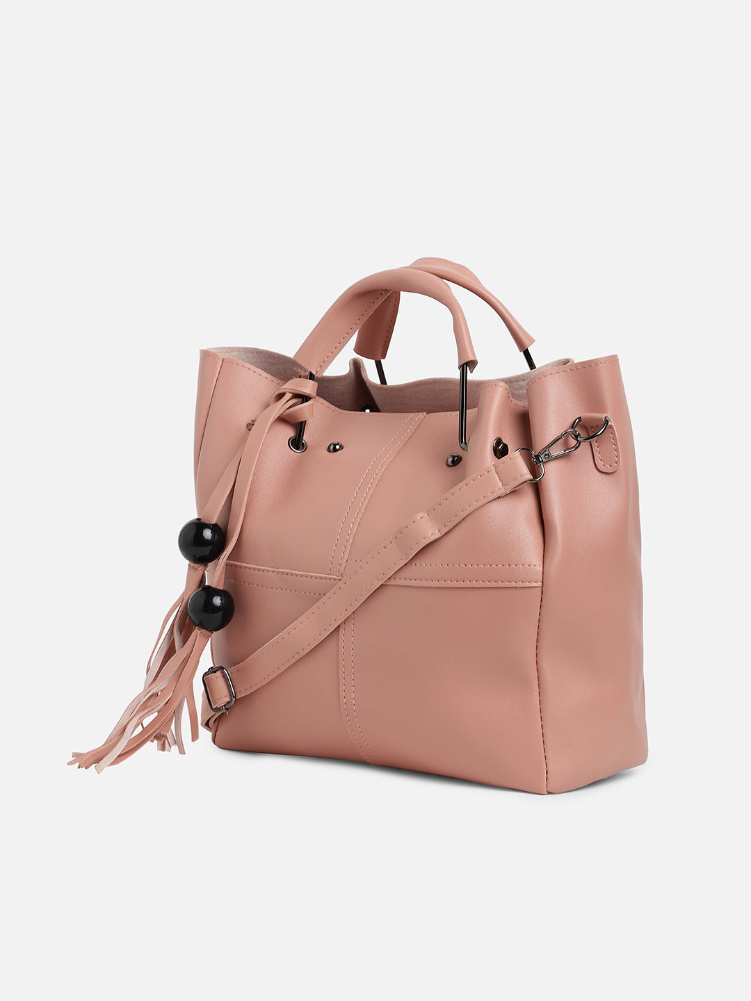Pink Solid Vegan Leather Tote Bag Set
