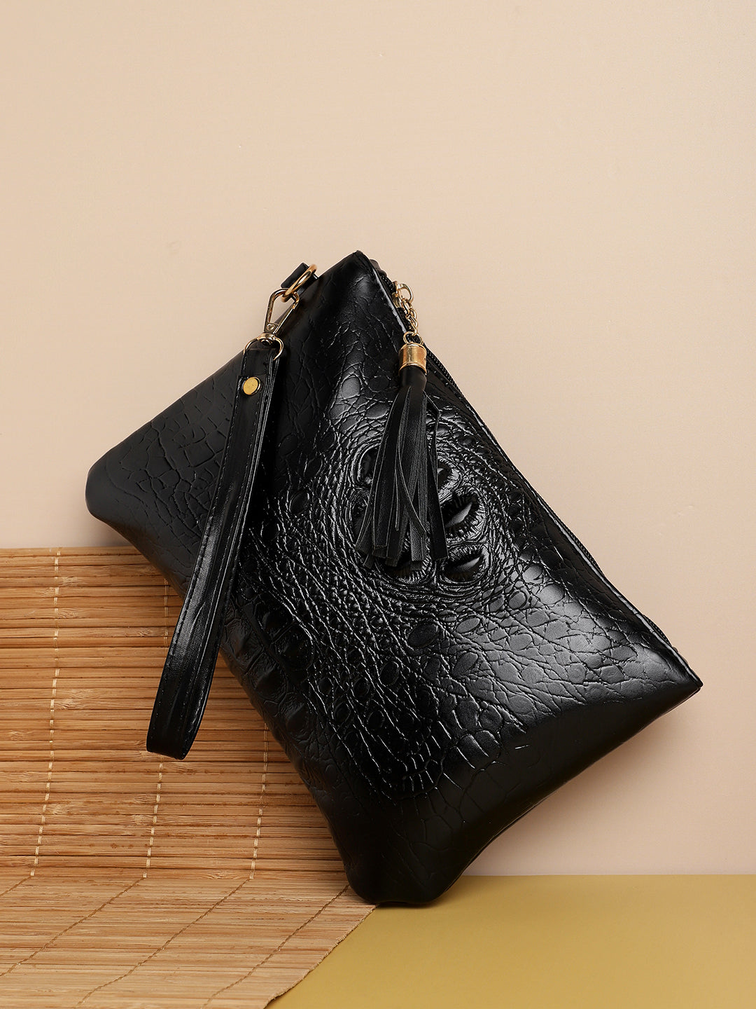 Black Textured Vegan Leather Clutch