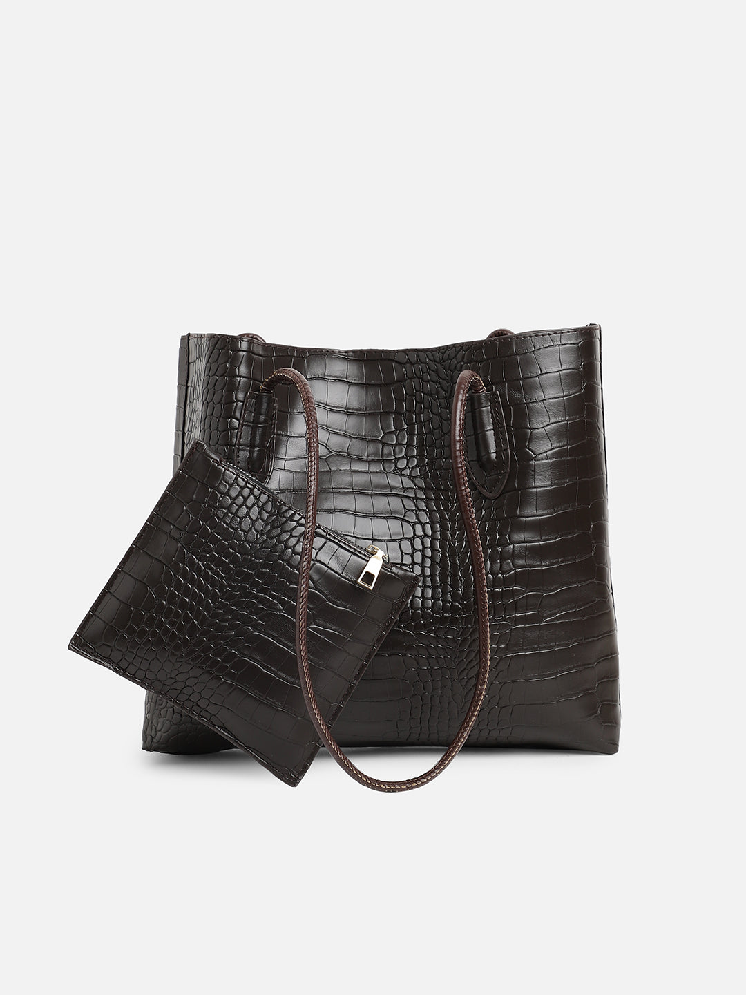 Black Textured Vegan Leather Tote Bag Set