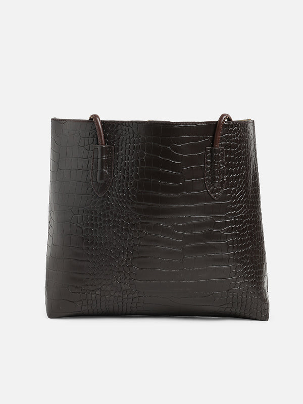 Black Textured Vegan Leather Tote Bag With Pouch Set